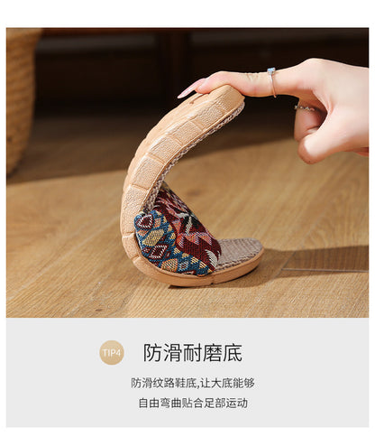 Four Seasons Home Linen Slippers Fashion Printed Thick Sole Non-Slip Sweat-Absorbent Wear-Resistant Large Sole Couple Linen Slippers Ethnic Style