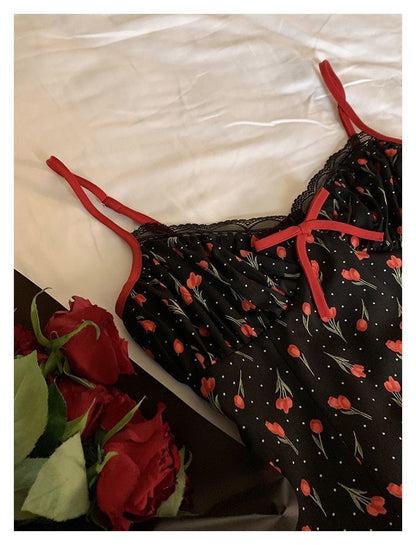 Plus Size Fat mm French Sweet Sexy Sweet Contrasting Suspender Skirt Women's Summer Red Cardigan + Floral Skirt Two-Piece Set