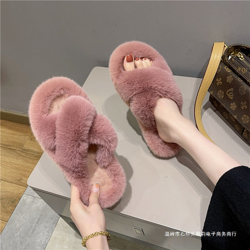 Foreign Trade Furry Slippers for Women 2025 Autumn and Winter New Korean Style Lazy Outer Wear Cross Thick-Soled Open-Toe Slippers for Outer Wear