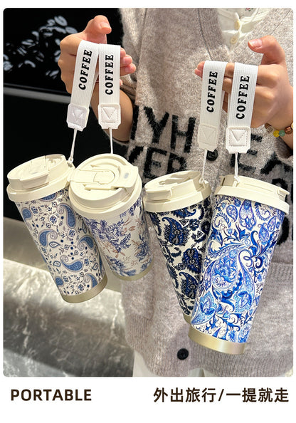 Factory Blue and White Porcelain Stainless Steel Overlord Tea Queen Flower Language Series Coffee Cup Portable Double Drinking Cup with Good Appearance