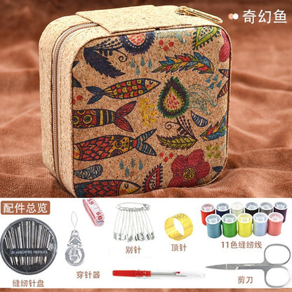 Retro Style Imitation Pu Leather Square Sewing Box Household Sewing and Mending Needle and Thread Set Portable Daily Essential Sewing Kit