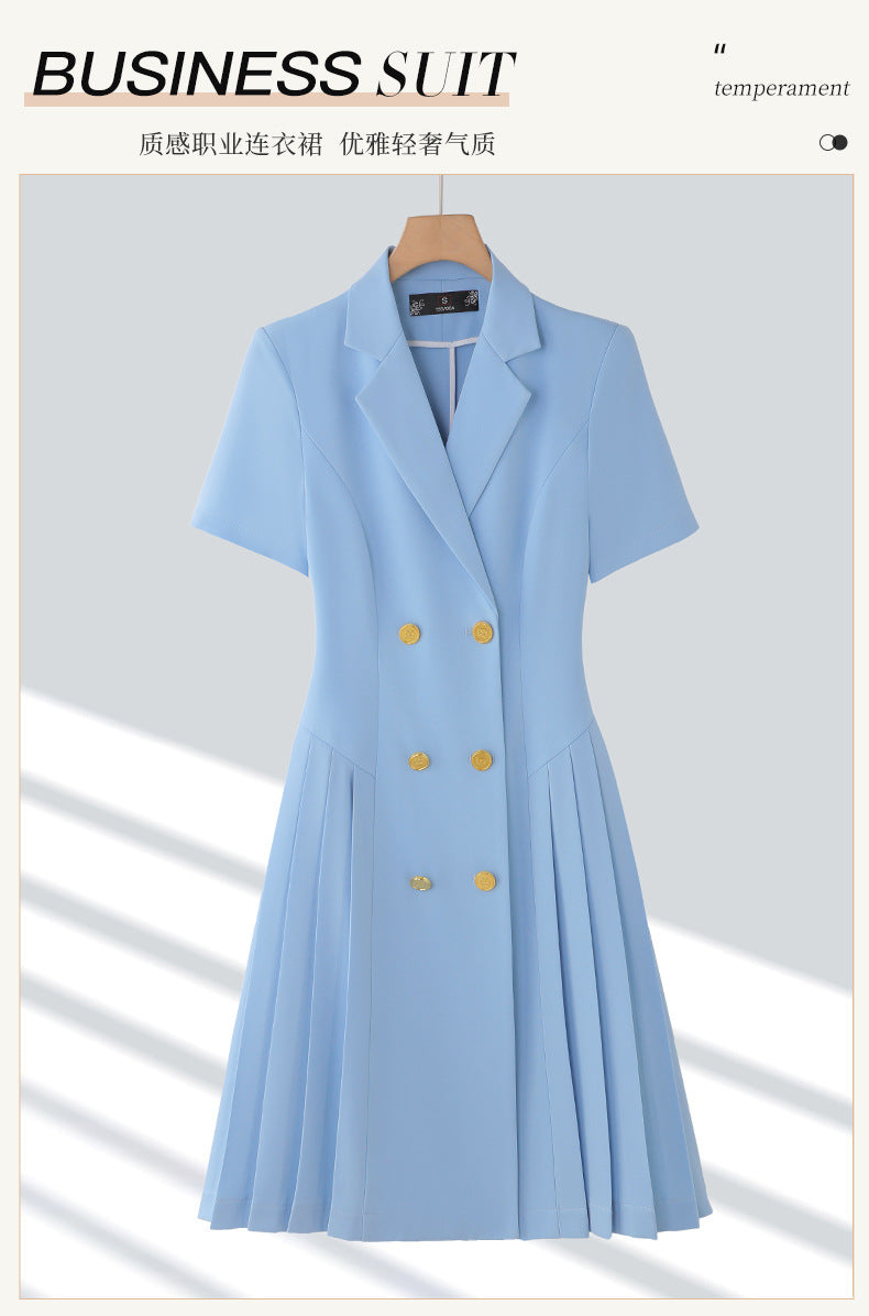Spring and summer blue short-sleeved dress women's 2025 high-grade double-breasted professional suit collar mid-length skirt