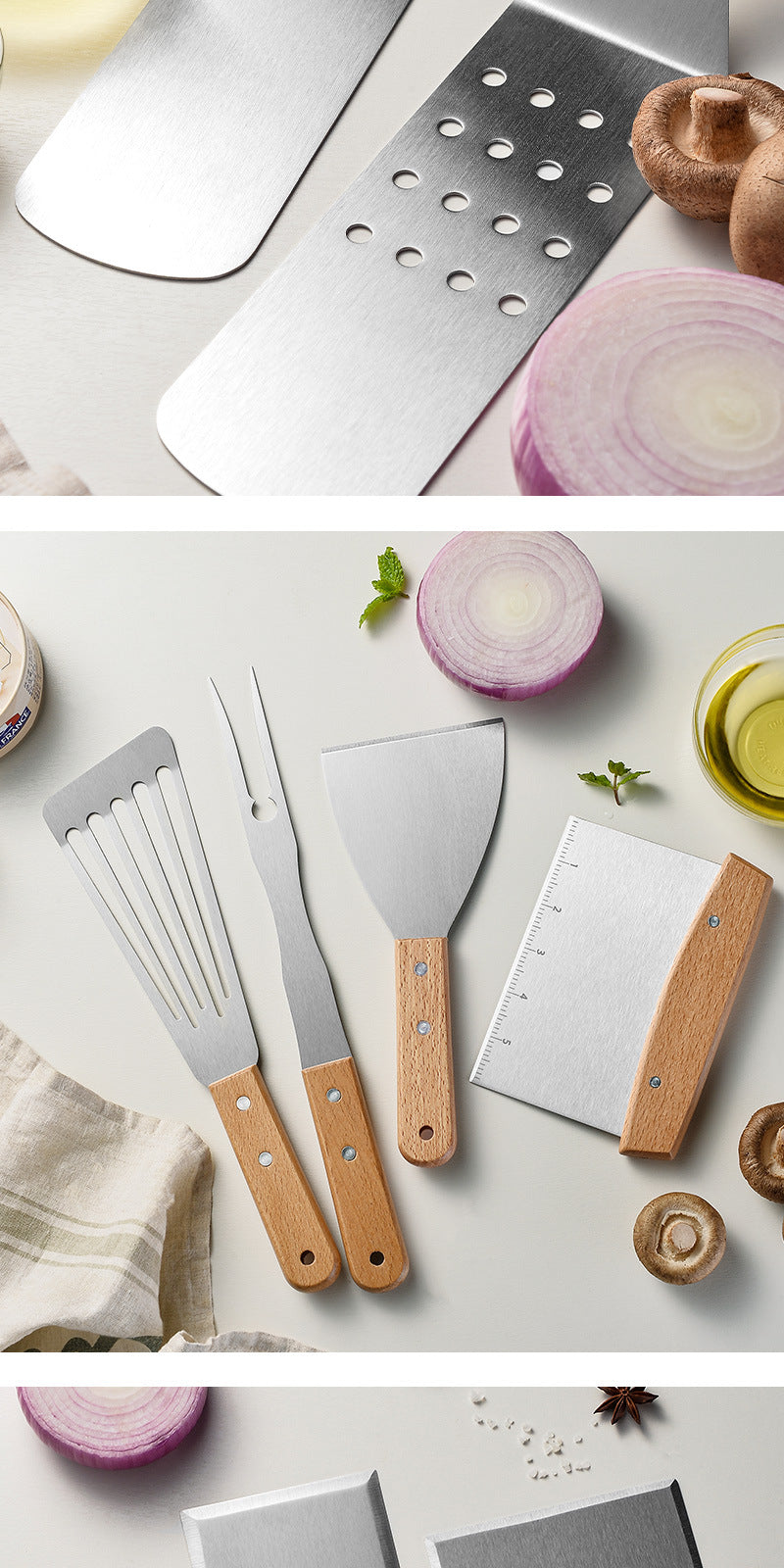 Wooden Handle Stainless Steel Spatula Korean Teppanyaki Cooking Spatula Steak Spatula Pancake Pizza Spatula Tool Set