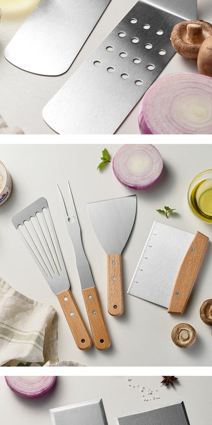 Wooden Handle Stainless Steel Spatula Korean Teppanyaki Cooking Spatula Steak Spatula Pancake Pizza Spatula Tool Set