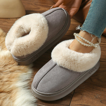 2025 Cross-Border New Pure Color Suede Splicing Home Slippers Thick-Soled Non-Slip Plush Warm Couple Cotton Shoes for Women