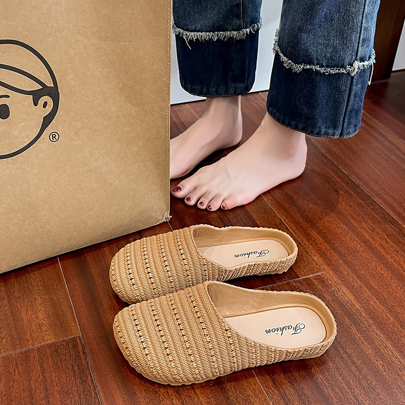 New Foreign Trade French Niche Hollow Toe Half Slippers for Women Summer Cross-Border Wear Roman Style Soft-Soled Mule Shoes