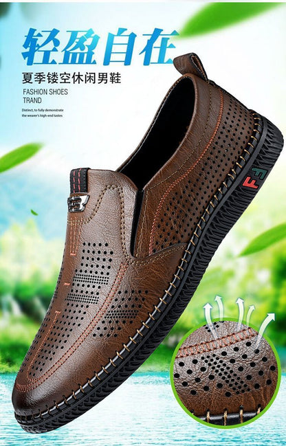 [Broken Size Processing] Leather Shoes Men's Genuine Leather Hole Shoes Dad Shoes Summer Soft Bottom Breathable Lazy Bean Shoes