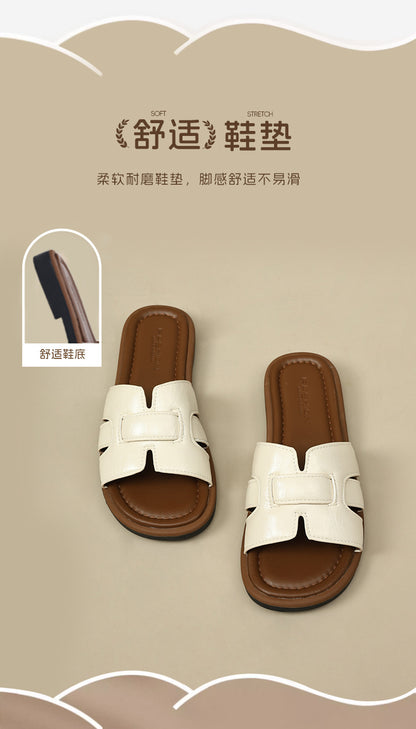 2025 New French Retro Leather Slippers Niche Casual Flat Versatile Slip-On Sandals for Women