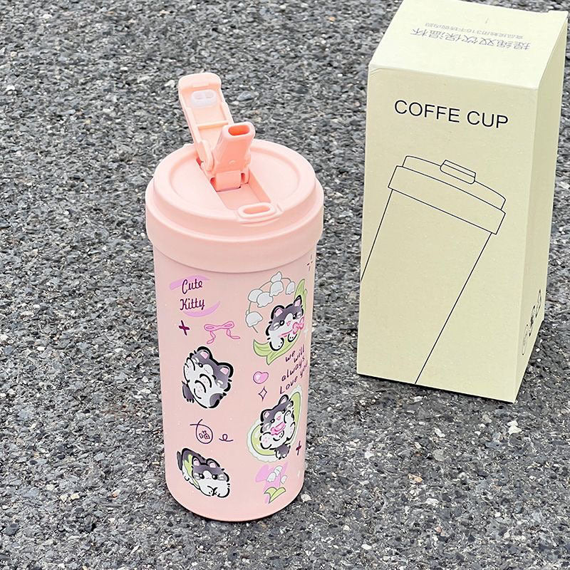 New cute thermos cup 316 stainless steel coffee cup portable double drink portable men's and women's straw accompanying cup