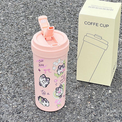New cute thermos cup 316 stainless steel coffee cup portable double drink portable men's and women's straw accompanying cup
