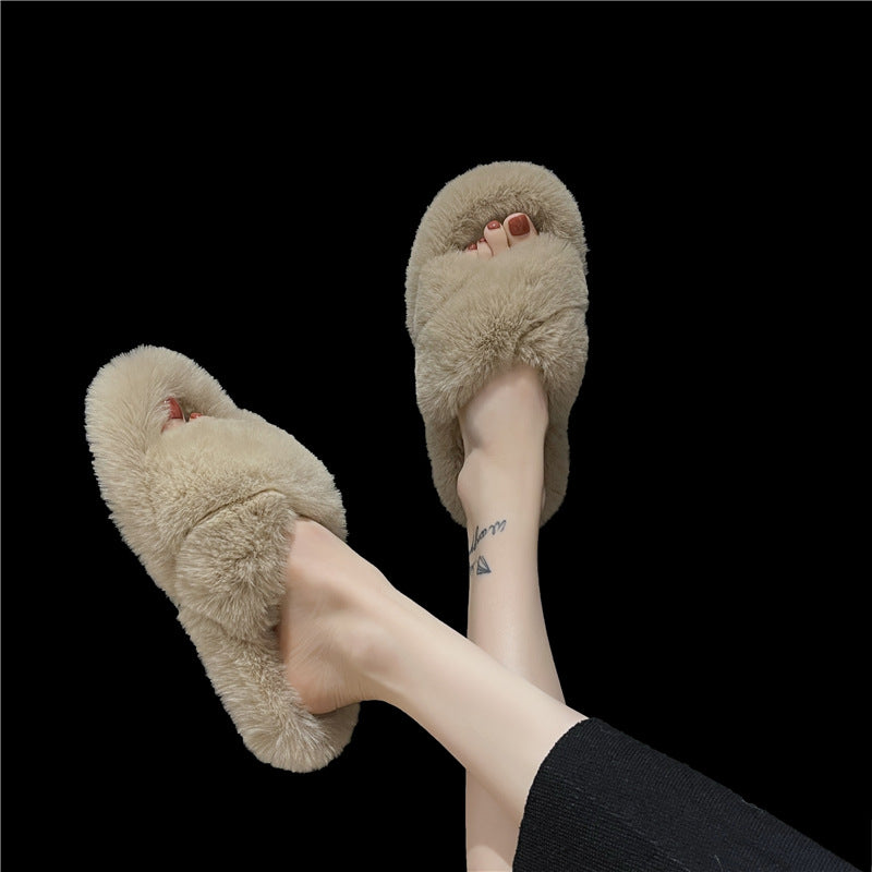 Foreign Trade Furry Slippers for Women 2025 Autumn and Winter New Korean Style Lazy Outer Wear Cross Thick-Soled Open-Toe Slippers for Outer Wear