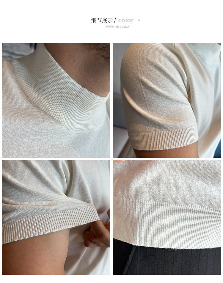 Tiktok Taobao Dropshipping Men's Short-Sleeve Knitwear, Fashionable Versatile Half-Turtleneck Slim-Fit Half-Sleeve Sweater Base Shirt