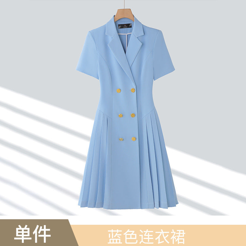 Spring and summer blue short-sleeved dress women's 2025 high-grade double-breasted professional suit collar mid-length skirt