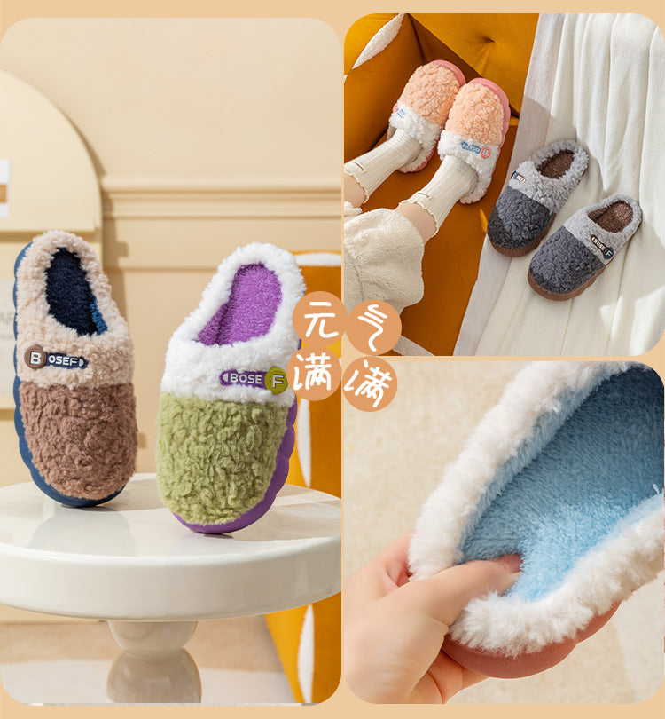 Cotton Slippers for Women, Autumn and Winter New Color Matching Home Indoor Non-Slip Warm Home Thick-Soled Plush Slippers for Men