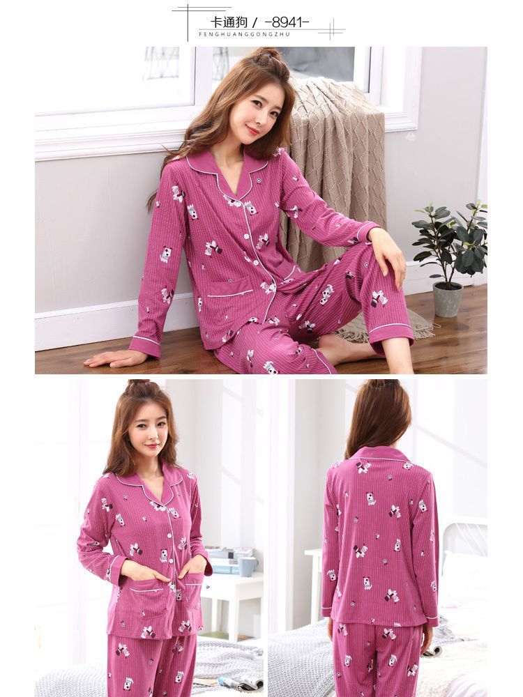 Autumn and Winter Women's 100 Pure Cotton Pajamas Women's Loose Cardigan for Middle-aged and Elderly Mothers Spring and Autumn Long-sleeved Casual Home Clothes