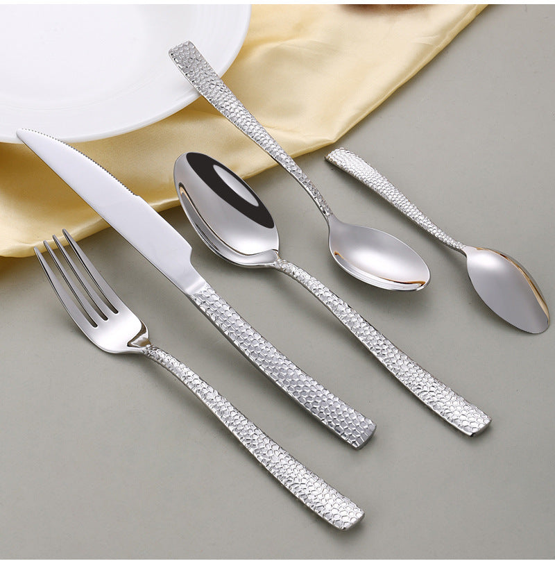 Cross-border 304 Stainless Steel Knife, Fork and Spoon Tableware Hotel Western Food Square Handle Thickened Water Cube Hammer Steak Knife, Fork and Spoon