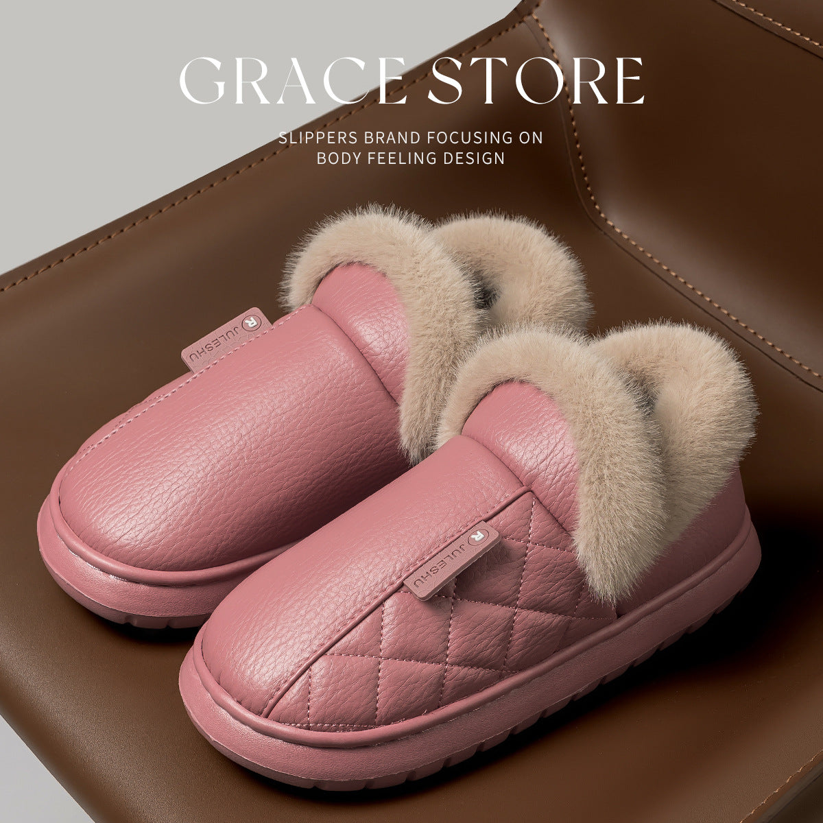 Waterproof Cotton Slippers for Women, Autumn and Winter 2026 New Model, Home Warm Indoor Shoes with Thick Soles, Non-Slip Leather Surface Cotton Shoes for Elderly Men