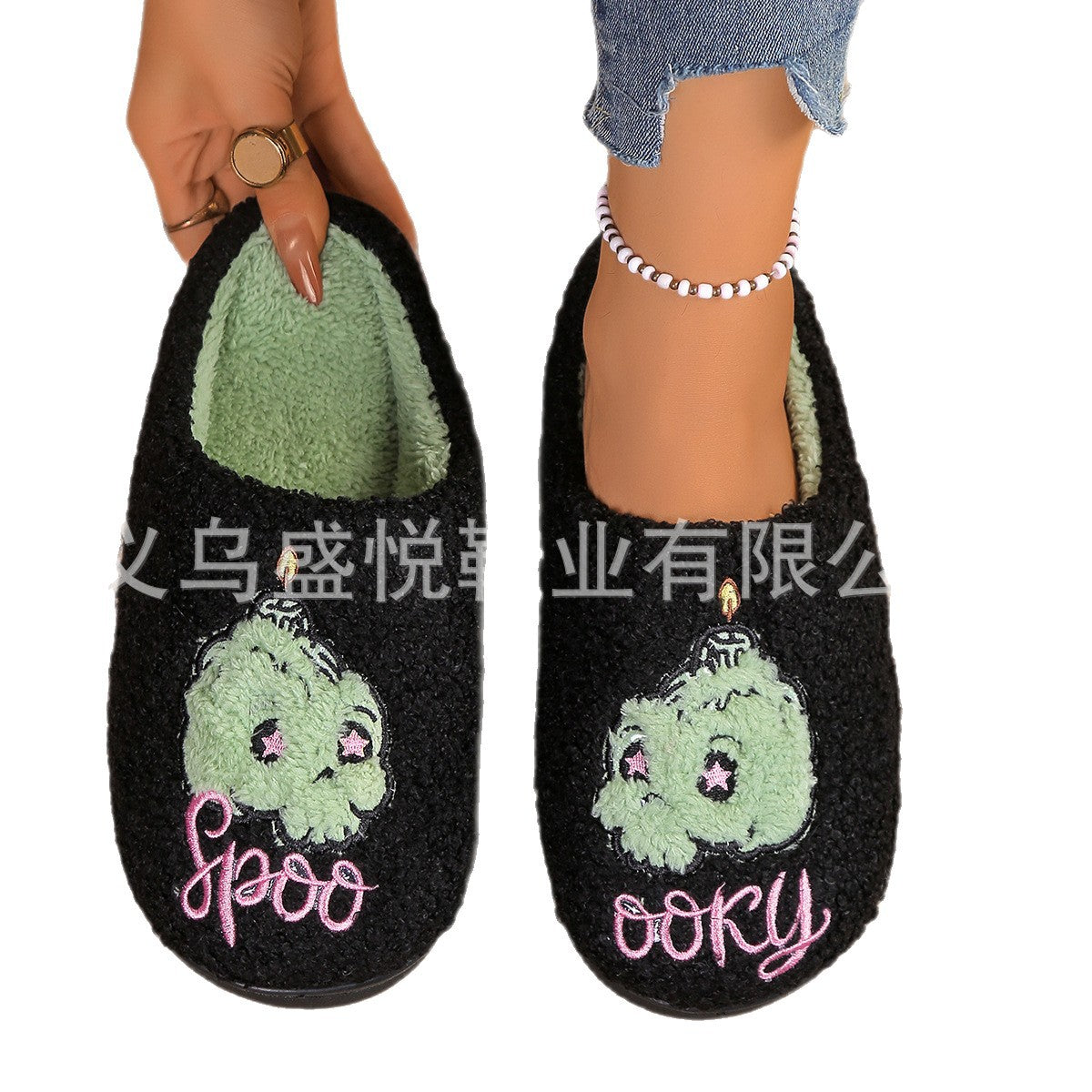 Cross-Border Halloween Embroidered Pattern Green Skull Home Comfortable Warm Cotton Slippers for Winter Couples
