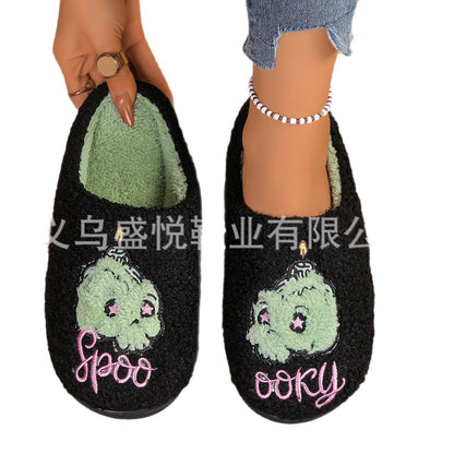 Cross-Border Halloween Embroidered Pattern Green Skull Home Comfortable Warm Cotton Slippers for Winter Couples