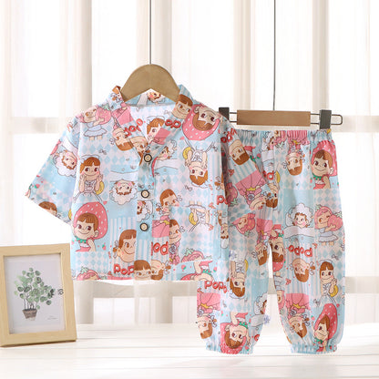 Children's Home Clothes Cotton Silk Suit Summer Boys and Girls Pajamas Artificial Cotton Two-Piece Set Cotton Silk Air-Conditioned Clothes Kidsren's Clothing