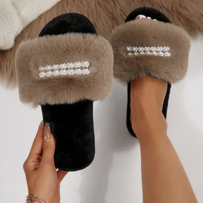 New Foreign Trade Pearl Chain Large Plush Flat Slippers for Women, Fashionable Open-Toe Home Cotton Slippers for Cross-Border