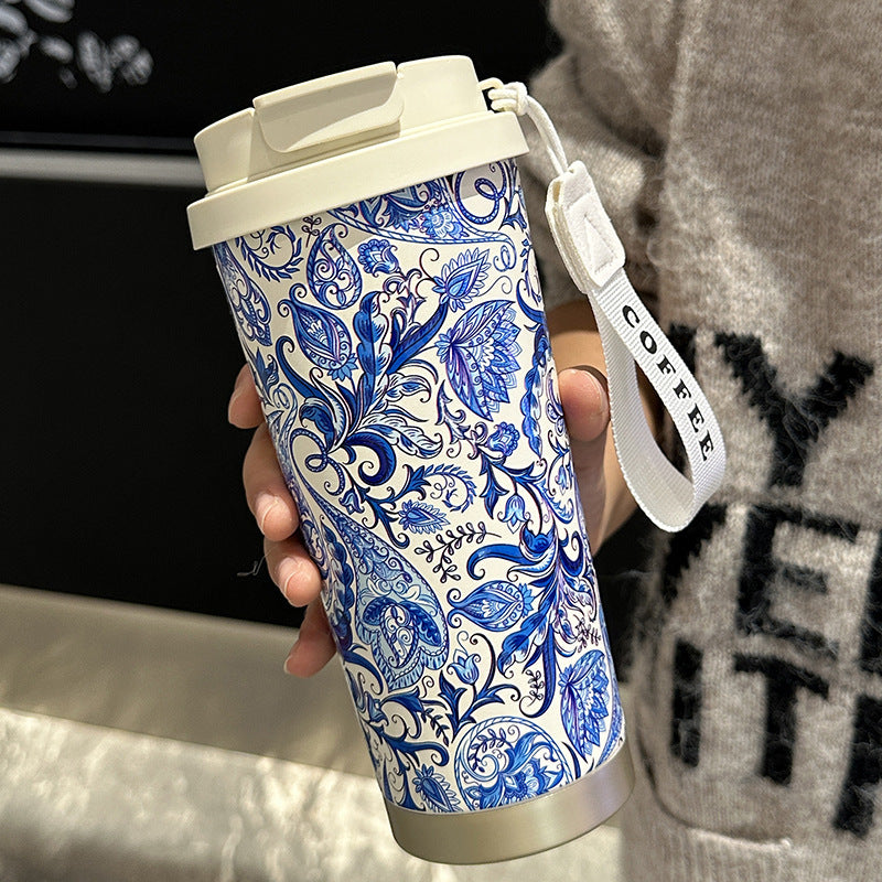 Factory Blue and White Porcelain Stainless Steel Overlord Tea Queen Flower Language Series Coffee Cup Portable Double Drinking Cup with Good Appearance