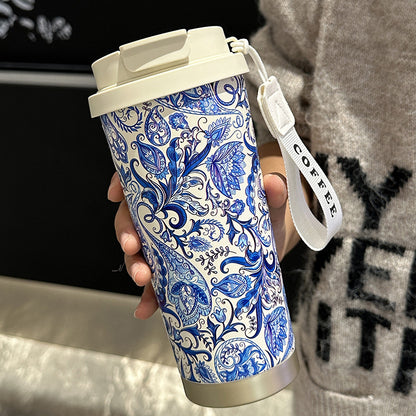 Factory Blue and White Porcelain Stainless Steel Overlord Tea Queen Flower Language Series Coffee Cup Portable Double Drinking Cup with Good Appearance