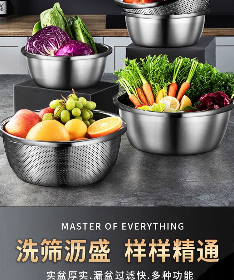 304 Stainless Steel Basin Drain Basket Vegetable Basket Household Rice Washing Sieve Thickeneded Cooking Basin and Basin Vegetable Basin Wholesale