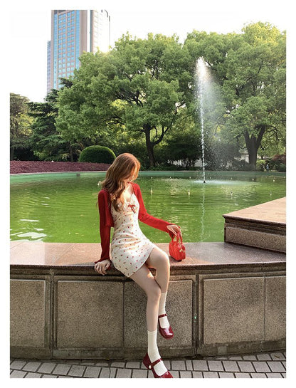 Plus Size Fat mm French Sweet Sexy Sweet Contrasting Suspender Skirt Women's Summer Red Cardigan + Floral Skirt Two-Piece Set