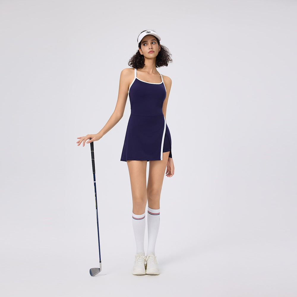 Summer Halter Neck Casual Skin-Friendly Golf Tennis Dress for Women with Built-In Leggings and Tight Fit Pickleball Skirt