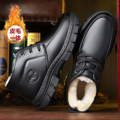 Cotton-padded shoes men's winter fleece-lined thick warm pure sheepskin fur cotton-padded boots middle-aged and elderly dad shoes non-slip cotton-padded leather shoes