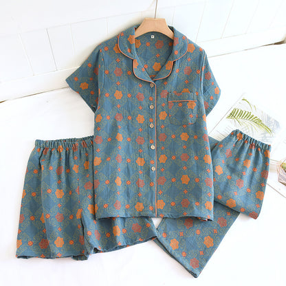Yarn-dyed cotton pajamas women's summer short-sleeved printed summer retro loose home wear three-piece set can be worn outside