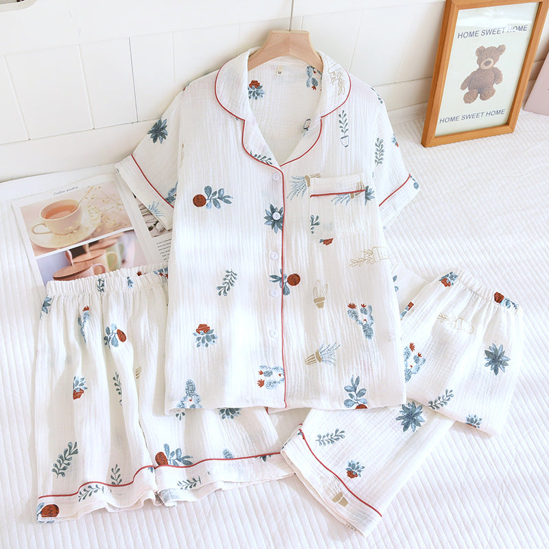 Various Style Spring and Summer Cotton Crepe Pajamas Sweet Three-Piece Short-Sleeved Trousers Spring and Autumn Loose Casual suit
