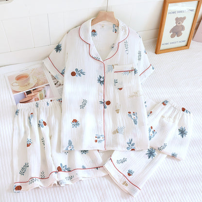 Various Style Spring and Summer Cotton Crepe Pajamas Sweet Three-Piece Short-Sleeved Trousers Spring and Autumn Loose Casual suit