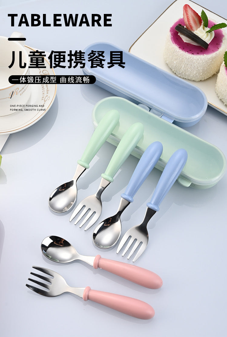 Children's 304 stainless steel fork spoon suit baby complementary food training eating spoon portable feeding tableware spoon
