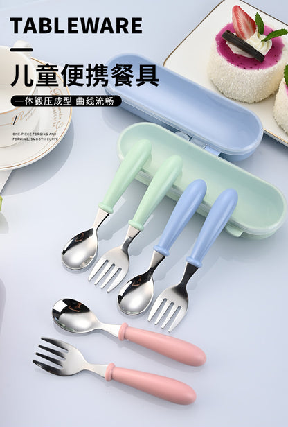 Children's 304 stainless steel fork spoon suit baby complementary food training eating spoon portable feeding tableware spoon