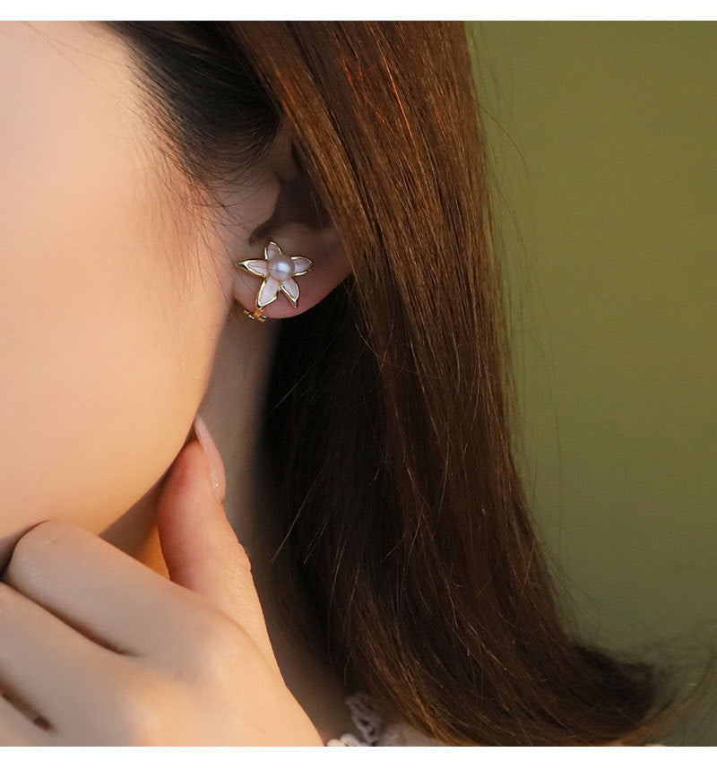 Original Handmade Natural Pearl Five-Petal Cherry Blossom Ear Clip Simple Niche High-End S925 Sterling Silver Earrings Ear Jewelry