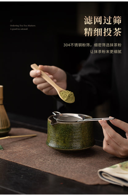 Yao Bian Bamboo Style Ceramic Matcha Four-Piece Set Japanese Matcha Making Tools Tea Bowl Tea Whisk Stand Tea Brush Tea Spoon Accessories