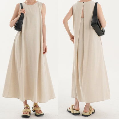 Korean Chic2026 Summer French Design Loose Backless Sleeveless Vest Dress Casual Age-Reducing Long Dress
