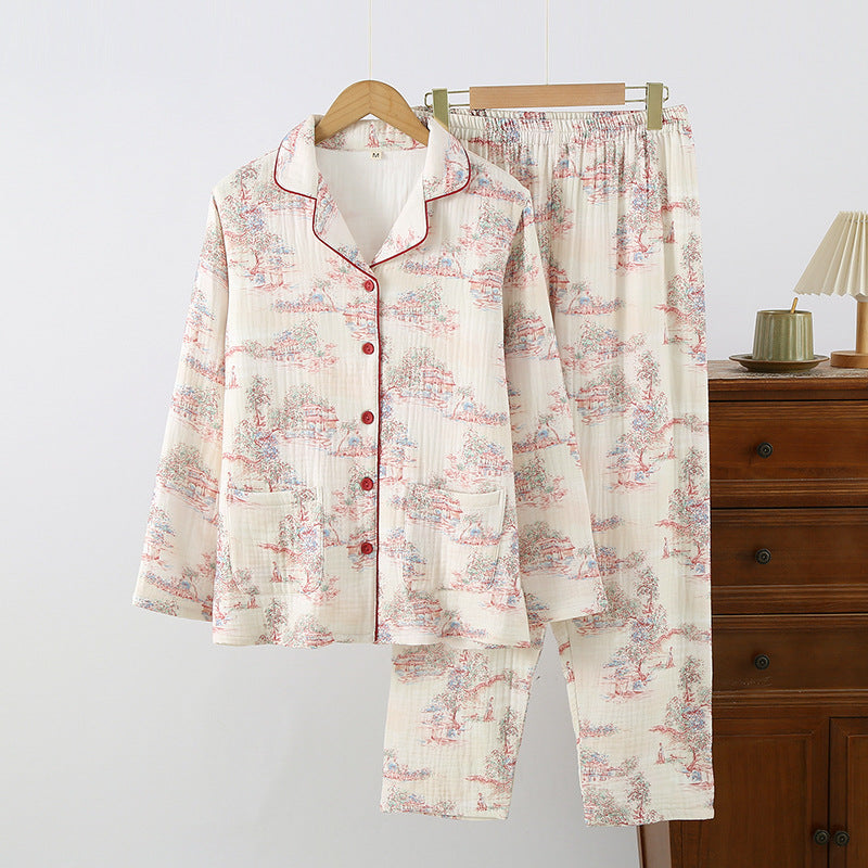 New Cotton Thickened Edge Four-Layer Gauze Women's Pajamas Cotton Warm Long-Sleeved Home Clothes for Autumn and Winter suit