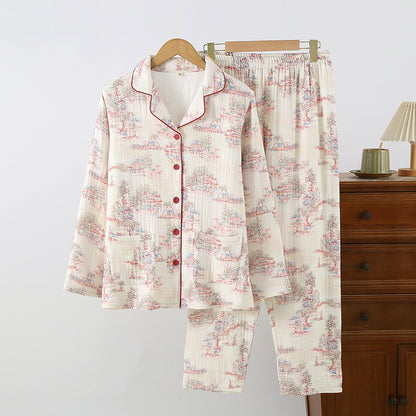 New Cotton Thickened Edge Four-Layer Gauze Women's Pajamas Cotton Warm Long-Sleeved Home Clothes for Autumn and Winter suit