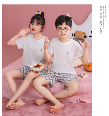 Children's Pajamas, Pure Cotton, Summer Short-Sleeved Shorts Set for Boys, Home Clothes for Girls, Air-Conditioned Clothes for Middle-Aged and Older Boys