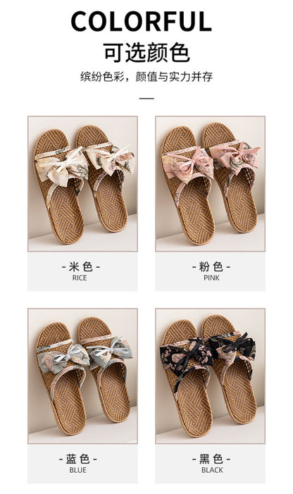 New Summer Rattan Mat Home Mat Slippers Bow Home Indoor Cool Bamboo Fish Mouth Toe Shoes Non-Slip
