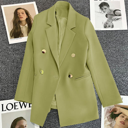 Green Metal Buckle Korean Style 2024 Spring and Autumn New Milk White Suit Jacket Women's Casual All-match High-end Suit
