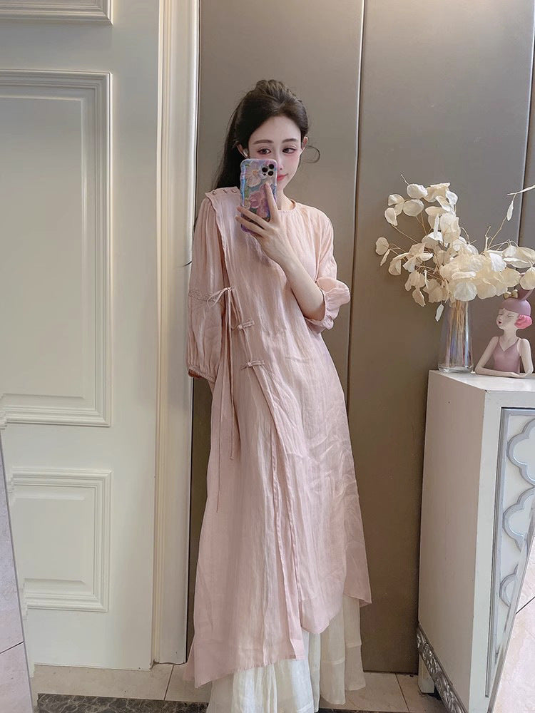 Summer New Style Quality Ramie Handmade Buckle Lace Lace Guofeng dress Double-Layer Skirt suit