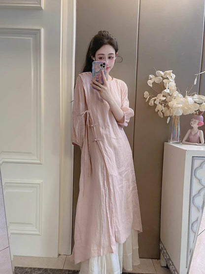 Summer New Style Quality Ramie Handmade Buckle Lace Lace Guofeng dress Double-Layer Skirt suit