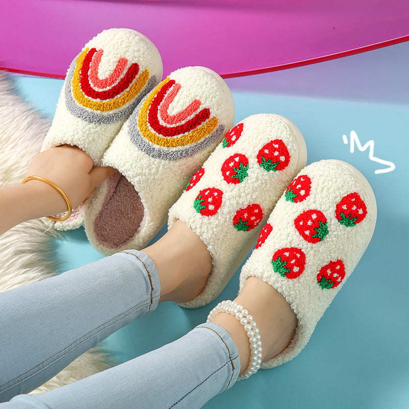 Autumn and Winter Home Cotton Slippers for Women, Cute Printed Plush Soft-Soled Slippers, Indoor Warm, Non-Slip and Comfortable