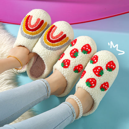 Autumn and Winter Home Cotton Slippers for Women, Cute Printed Plush Soft-Soled Slippers, Indoor Warm, Non-Slip and Comfortable