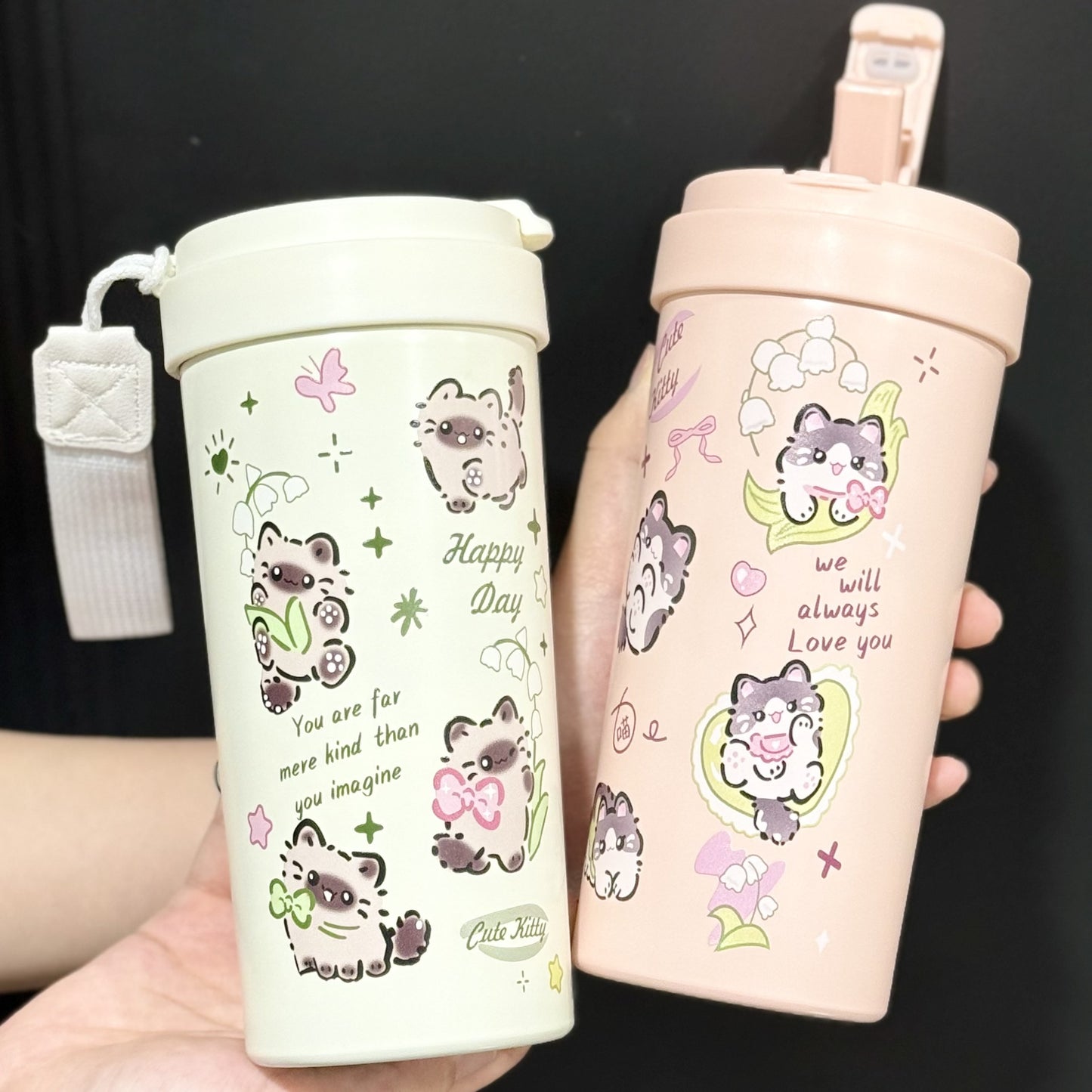 New cute thermos cup 316 stainless steel coffee cup portable double drink portable men's and women's straw accompanying cup