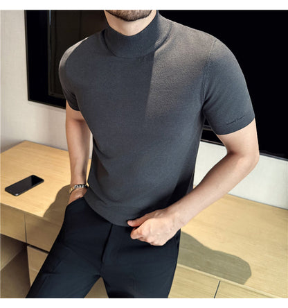 Tiktok Taobao Dropshipping Men's Short-Sleeve Knitwear, Fashionable Versatile Half-Turtleneck Slim-Fit Half-Sleeve Sweater Base Shirt